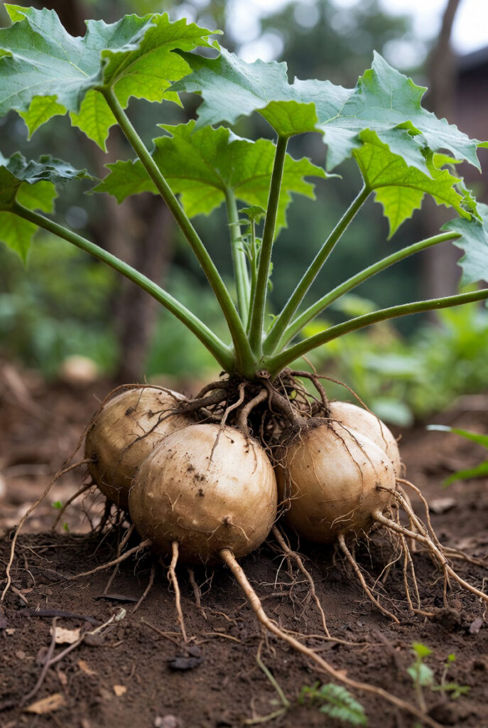 Yacon Wurzeln mit Blättern